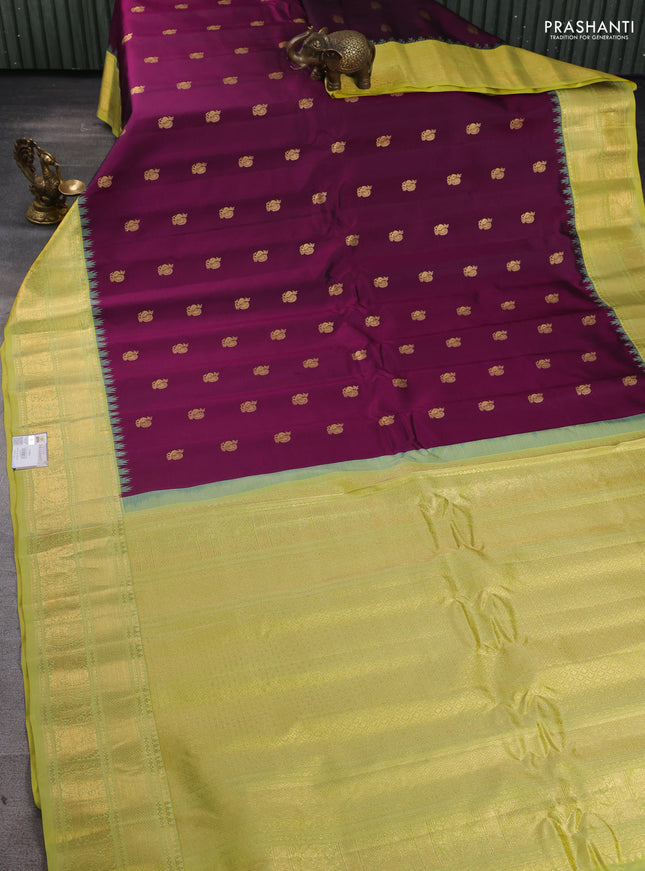 Pure gadwal silk saree purple and lime yellow with annam zari woven buttas and zari woven border