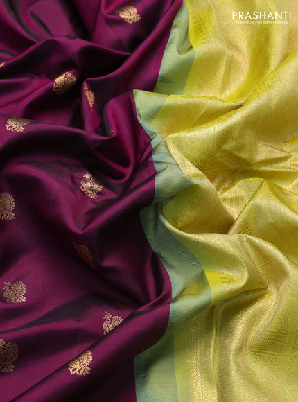 Pure gadwal silk saree purple and lime yellow with annam zari woven buttas and zari woven border