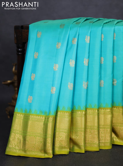 Pure gadwal silk saree teal blue and lime green with annam zari woven buttas and zari woven border