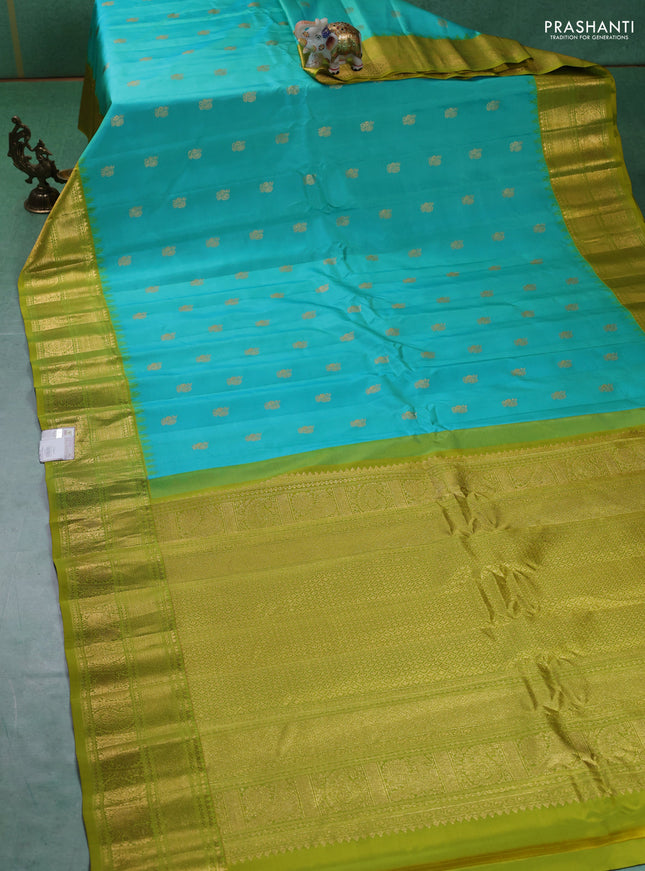Pure gadwal silk saree teal blue and lime green with annam zari woven buttas and zari woven border