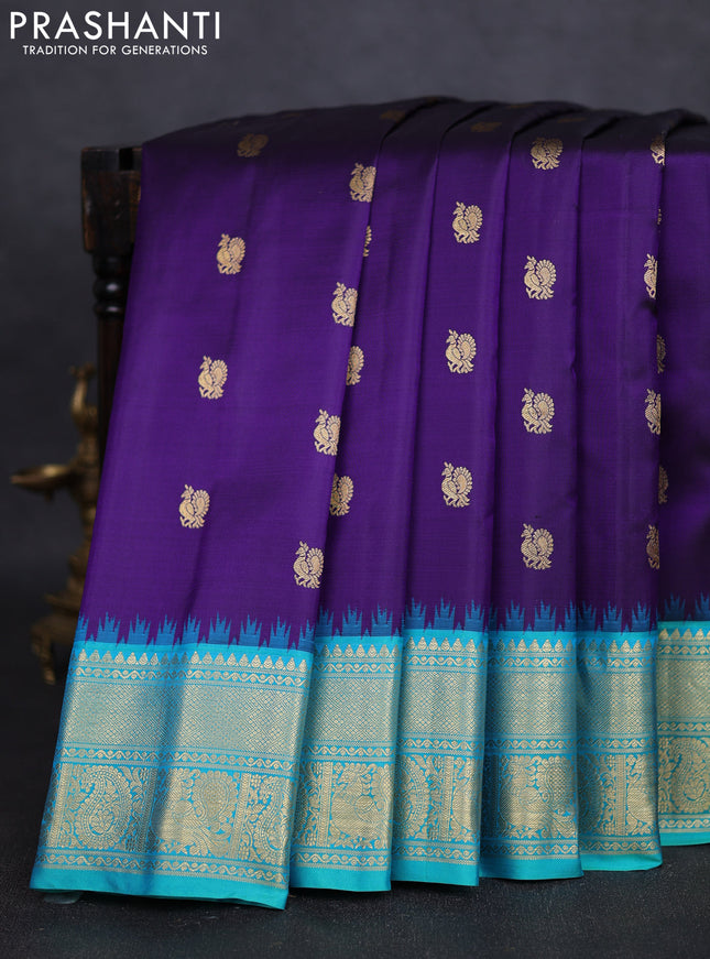 Pure gadwal silk saree blue and teal blue with zari woven buttas and zari woven border