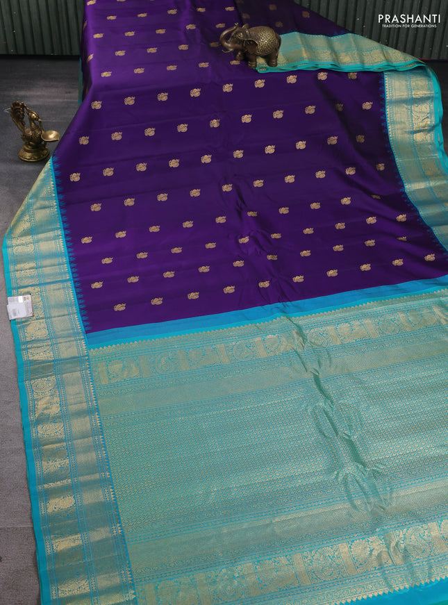Pure gadwal silk saree blue and teal blue with zari woven buttas and zari woven border