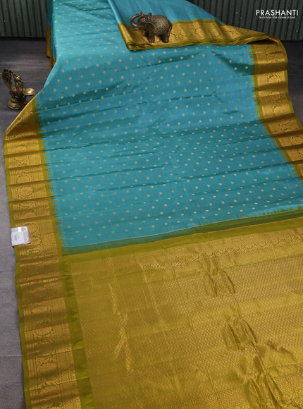 Pure gadwal silk saree teal blue and mehendi green with zari woven buttas and zari woven border