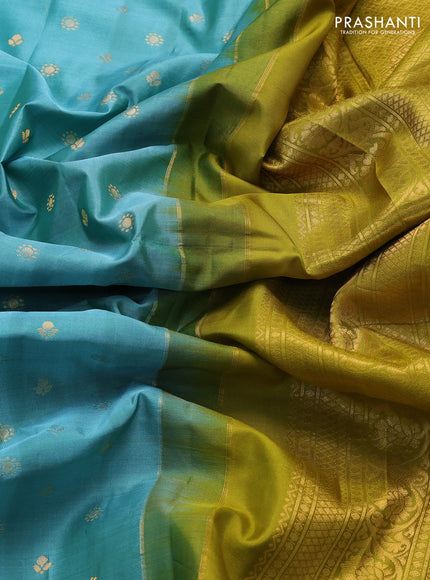 Pure gadwal silk saree teal blue and mehendi green with zari woven buttas and zari woven border