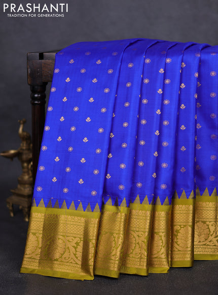 Pure gadwal silk saree royal blue and mehendi green with zari woven buttas and temple design zari woven border