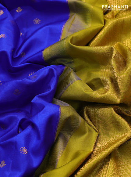 Pure gadwal silk saree royal blue and mehendi green with zari woven buttas and temple design zari woven border