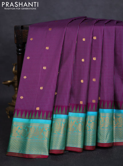 Pure gadwal silk saree purple and teal green with allover checks & buttas and temple design zari woven border