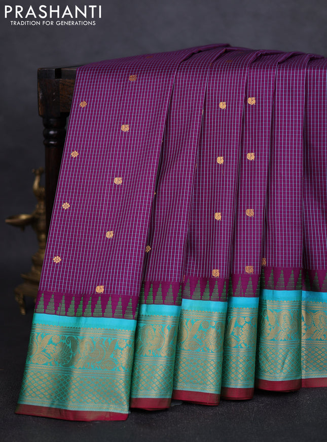 Pure gadwal silk saree purple and teal green with allover checks & buttas and temple design zari woven border