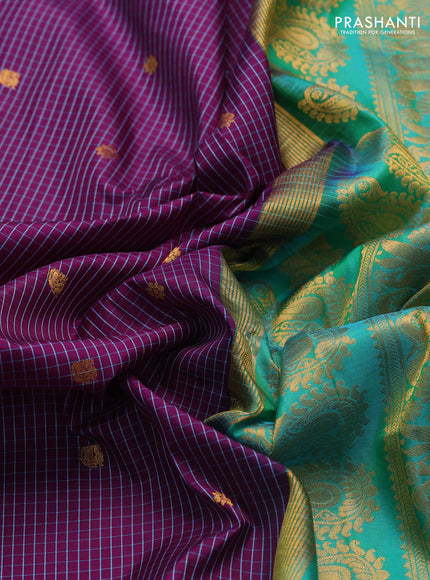 Pure gadwal silk saree purple and teal green with allover checks & buttas and temple design zari woven border