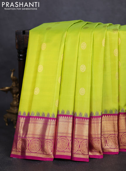 Pure gadwal silk saree lime green and purple with zari woven buttas and temple design zari woven border