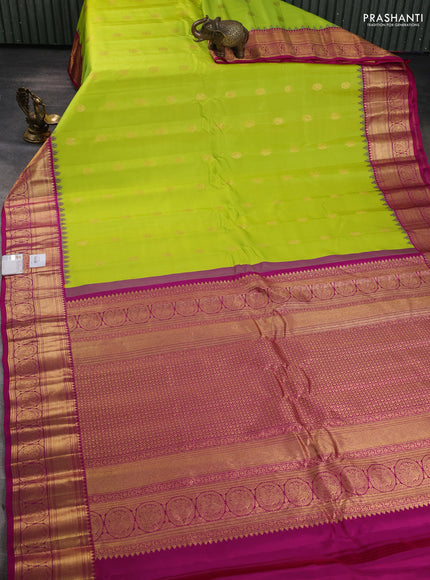 Pure gadwal silk saree lime green and purple with zari woven buttas and temple design zari woven border
