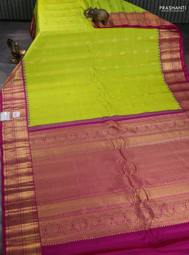 Pure gadwal silk saree lime green and purple with zari woven buttas and temple design zari woven border