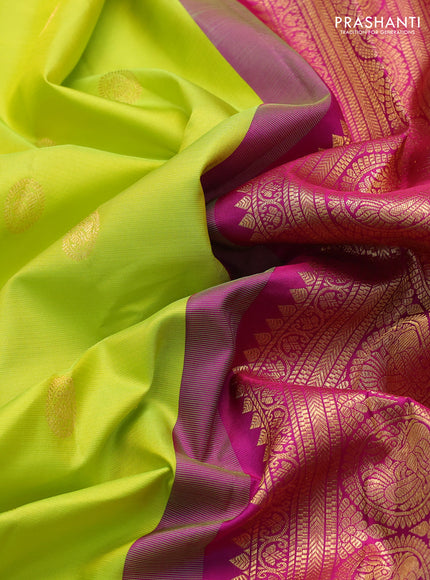 Pure gadwal silk saree lime green and purple with zari woven buttas and temple design zari woven border