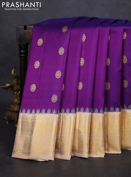 Pure gadwal silk saree violet and beige with zari woven buttas and temple design zari woven border