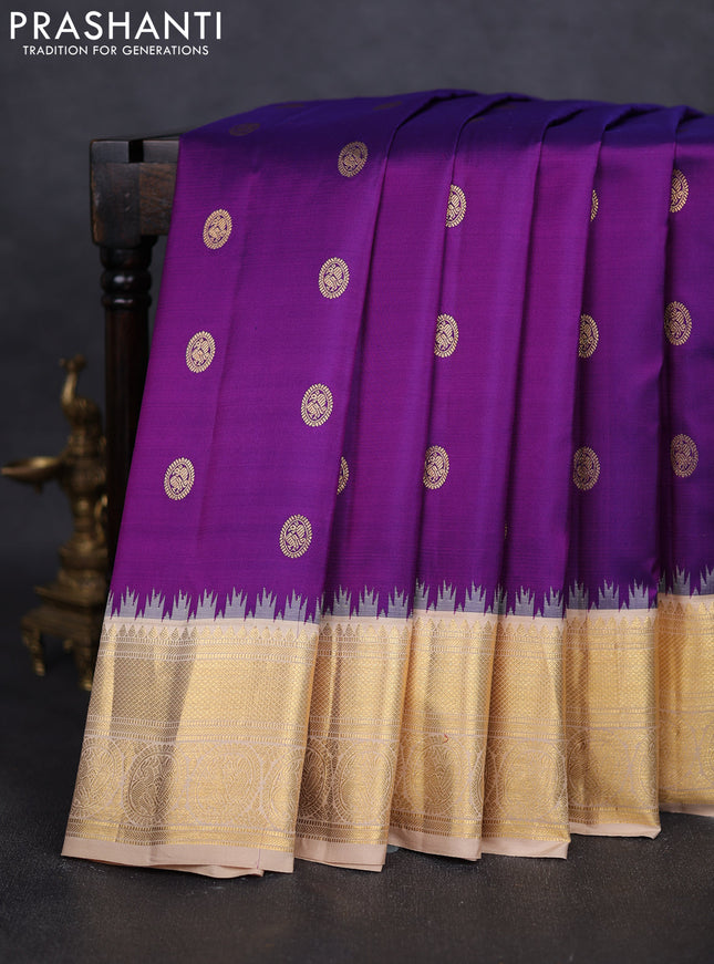 Pure gadwal silk saree violet and beige with zari woven buttas and temple design zari woven border