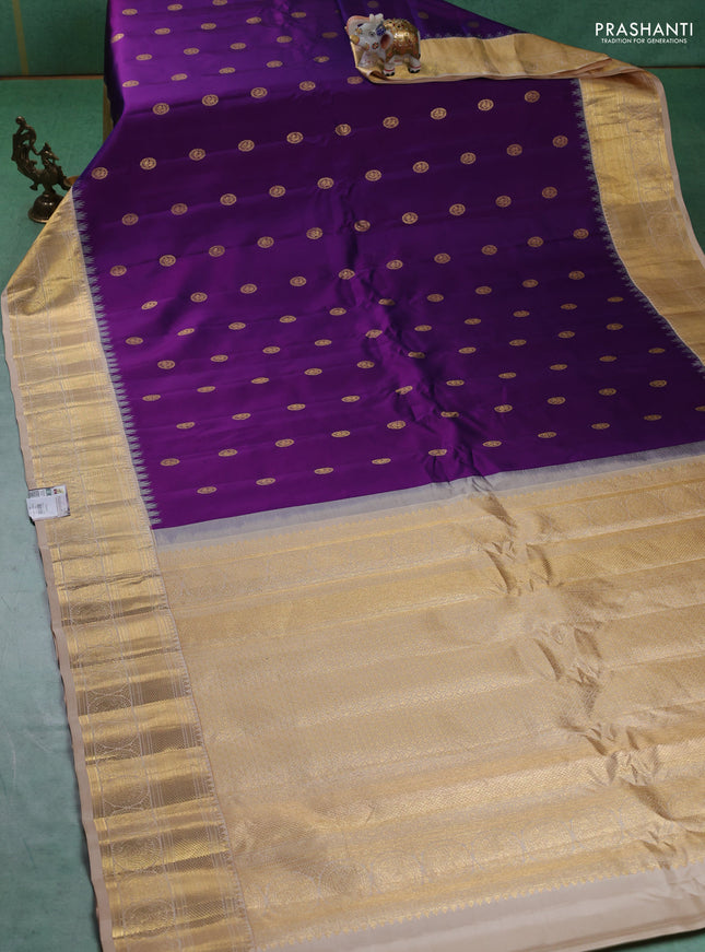 Pure gadwal silk saree violet and beige with zari woven buttas and temple design zari woven border