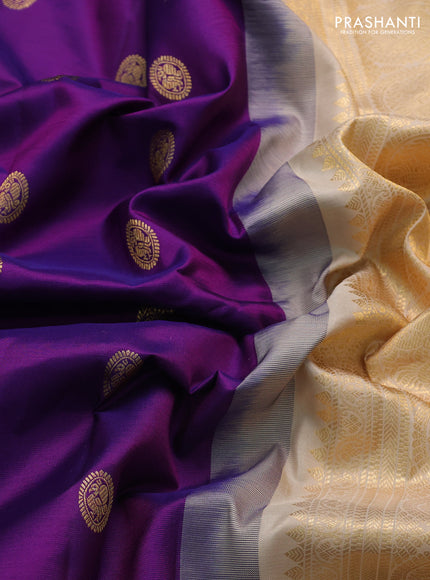 Pure gadwal silk saree violet and beige with zari woven buttas and temple design zari woven border