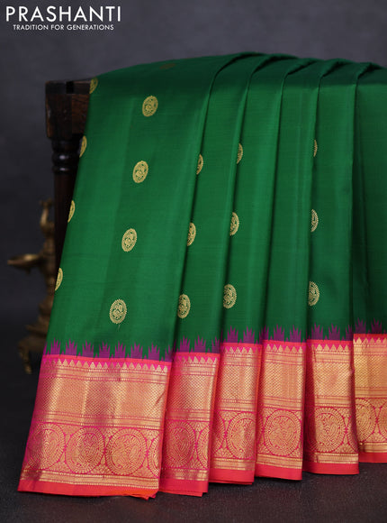 Pure gadwal silk saree green and dual shade of pinkish orange with zari woven buttas and temple design zari woven border