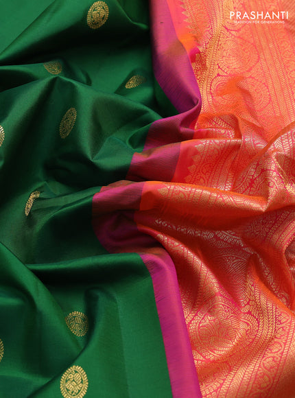 Pure gadwal silk saree green and dual shade of pinkish orange with zari woven buttas and temple design zari woven border