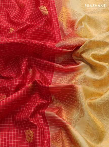 Pure gadwal silk saree red and pale yellow with allover checks & buttas and temple design zari woven border