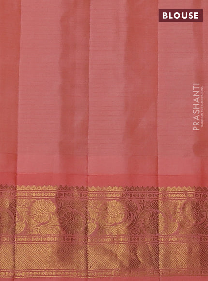 Pure gadwal silk saree pista green and peach orange with allover checks & buttas and temple design zari woven border