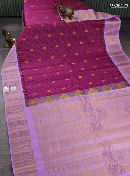Pure gadwal silk saree purple and lavender with allover checks & buttas and temple design zari woven border