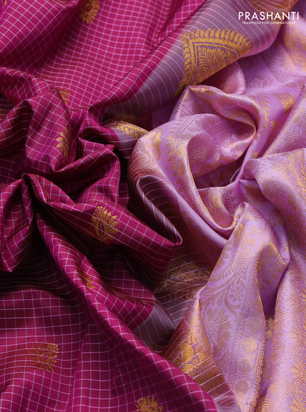 Pure gadwal silk saree purple and lavender with allover checks & buttas and temple design zari woven border