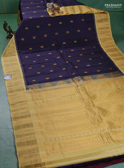 Pure gadwal silk saree navy blue and yellow with allover checks & buttas and temple design zari woven border