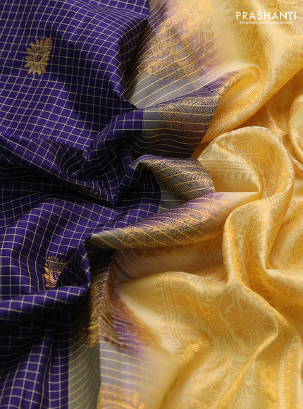 Pure gadwal silk saree navy blue and yellow with allover checks & buttas and temple design zari woven border
