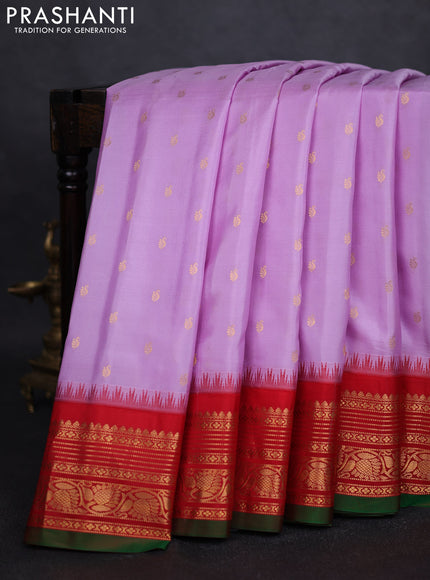 Pure gadwal silk saree lavender and red with zari woven buttas and temple design zari woven border