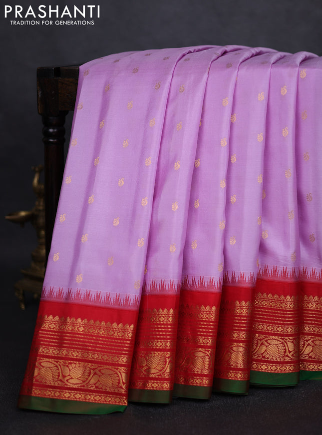 Pure gadwal silk saree lavender and red with zari woven buttas and temple design zari woven border