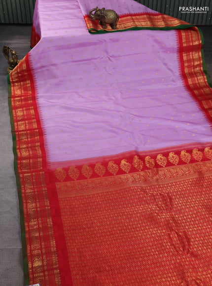 Pure gadwal silk saree lavender and red with zari woven buttas and temple design zari woven border