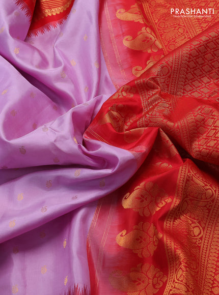 Pure gadwal silk saree lavender and red with zari woven buttas and temple design zari woven border