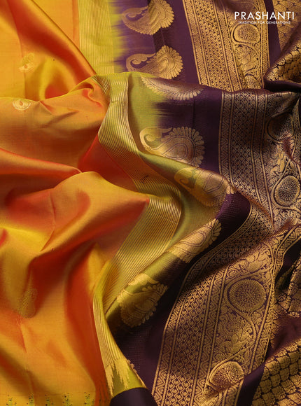 Pure gadwal silk saree mustard yellow and deep jamun with zari woven paisley buttas and temple design zari woven border
