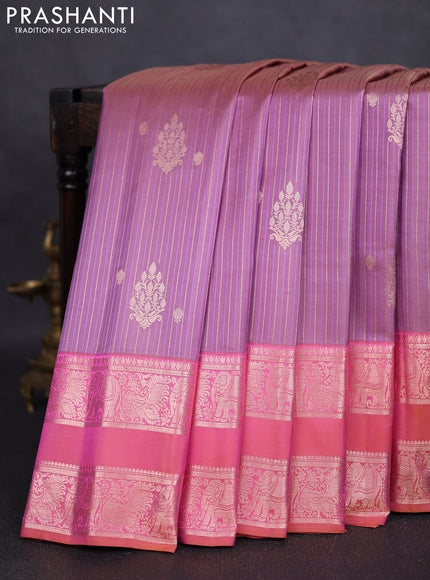 Pure gadwal silk saree pastel lavender and peach pink with allover zari weaves and rettapet zari woven border