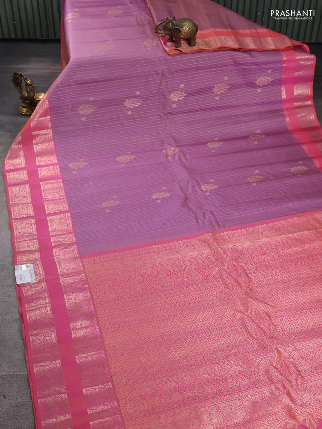 Pure gadwal silk saree pastel lavender and peach pink with allover zari weaves and rettapet zari woven border