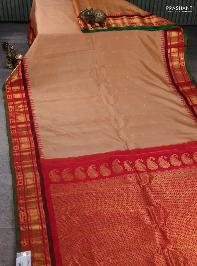Pure gadwal silk saree sandal and red with zari woven buttas and zari woven border