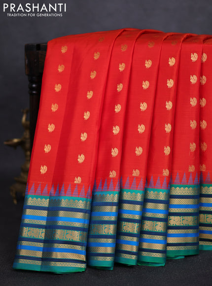 Pure gadwal silk saree red and teal green with annam zari woven buttas and temple design zari woven border