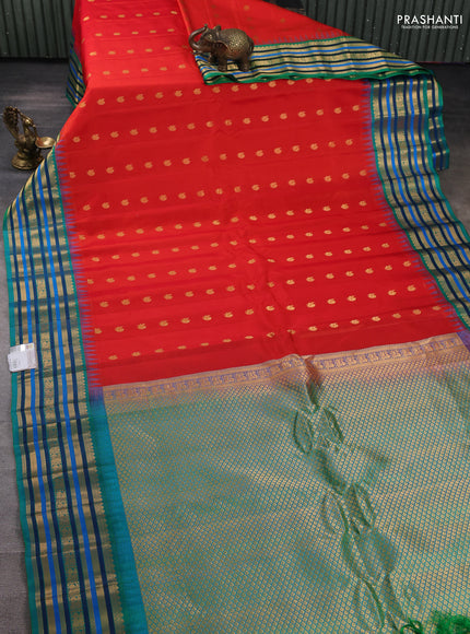 Pure gadwal silk saree red and teal green with annam zari woven buttas and temple design zari woven border