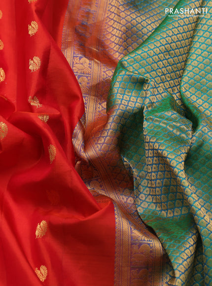 Pure gadwal silk saree red and teal green with annam zari woven buttas and temple design zari woven border