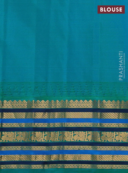 Pure gadwal silk saree red and teal green with annam zari woven buttas and temple design zari woven border