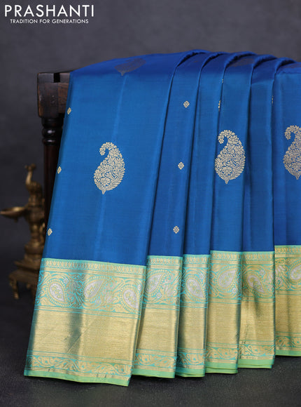 Pure gadwal silk saree peacock blue and light green with zari woven buttas and zari woven border