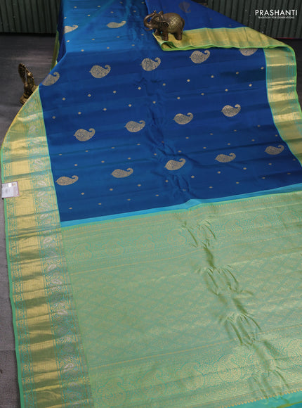 Pure gadwal silk saree peacock blue and light green with zari woven buttas and zari woven border