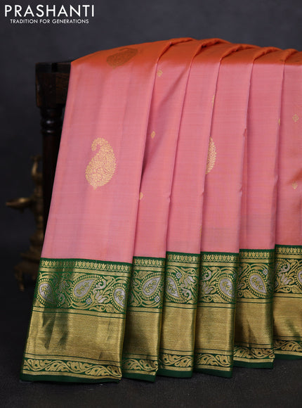 Pure gadwal silk saree rust shade and green with zari woven buttas and zari woven border