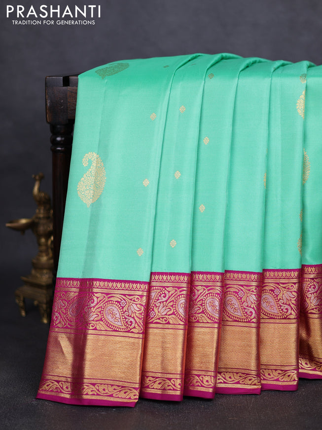 Pure gadwal silk saree teal green and purple with zari woven buttas and zari woven border