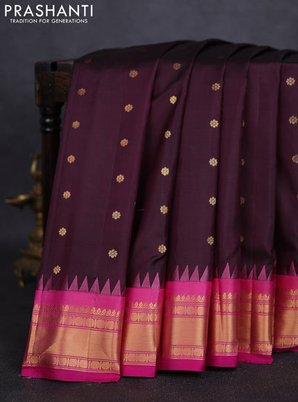 Pure gadwal silk saree deep jamun and pink with zari woven buttas and temple design zari woven border