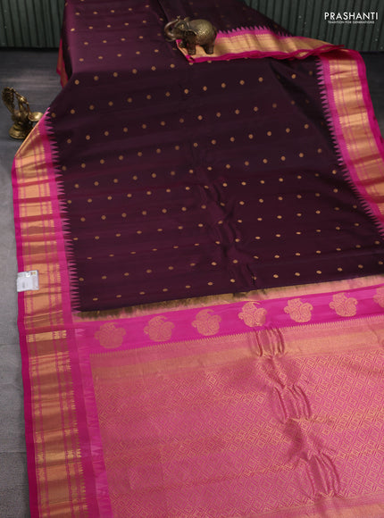 Pure gadwal silk saree deep jamun and pink with zari woven buttas and temple design zari woven border