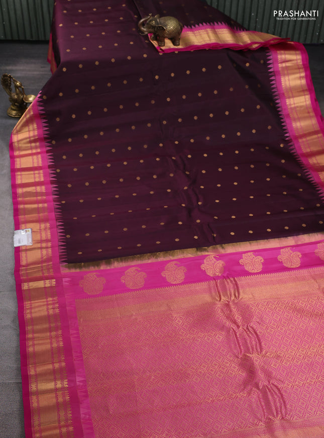 Pure gadwal silk saree deep jamun and pink with zari woven buttas and temple design zari woven border