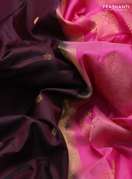 Pure gadwal silk saree deep jamun and pink with zari woven buttas and temple design zari woven border