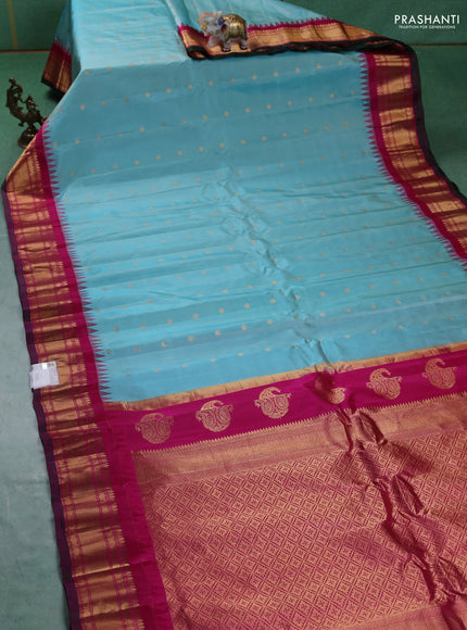 Pure gadwal silk saree pastel blue and pink with zari woven buttas and temple design zari woven border